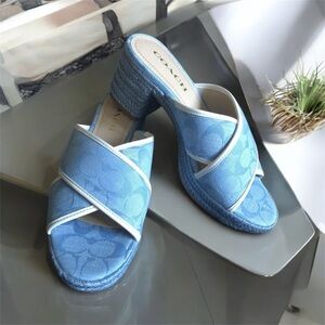 Coach Blue Suede Mules with Crisscross Straps